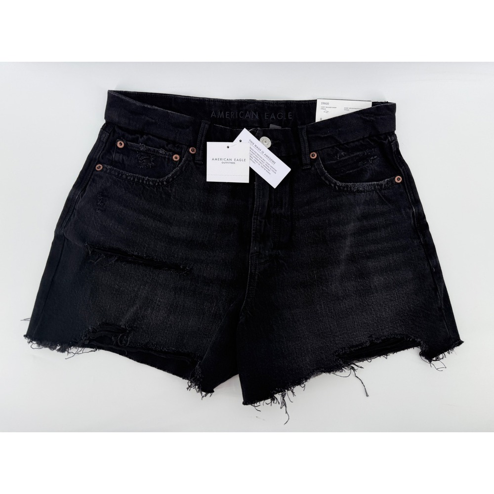 American Eagle Curvy Relaxed Shorts Black Distressed Raw Hem Strigid Size 8 NEW